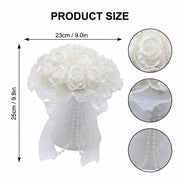 Artificial White Rose Bridal Bouquet with Pearl Beads & Organza Ribbon – 23cm Wedding Bouquet