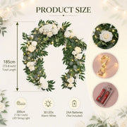 Artificial White Rose Eucalyptus Garland with LED Lights