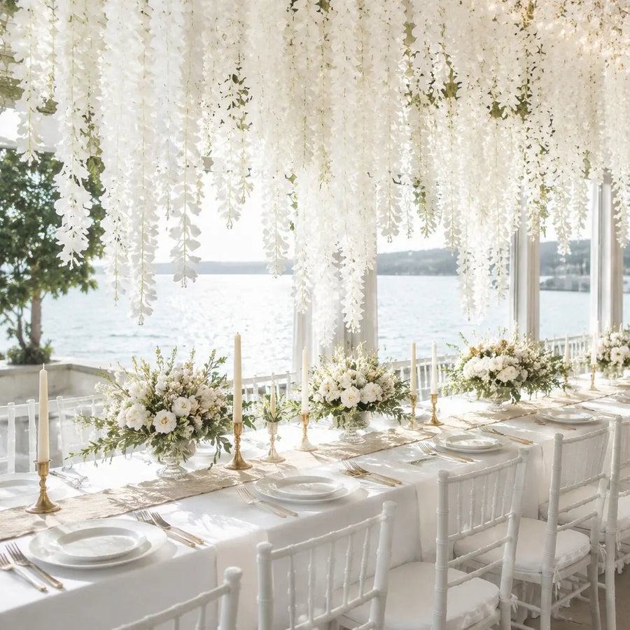 Artificial White Wisteria Hanging Vines – Set of 10