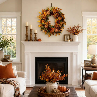 Autumn front door wreath with maple leaves and pumpkin styled on a fireplace mantel with candles and harvest home decor