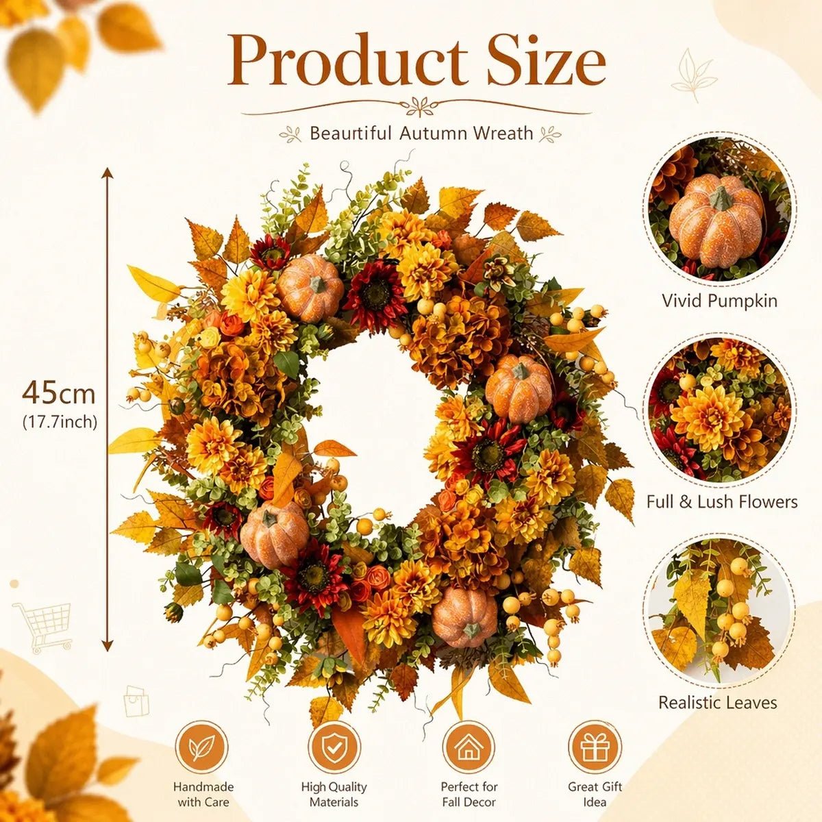 Product size chart for autumn front door wreath showing dimensions with maple leaves, pumpkin, hydrangea and berry design details