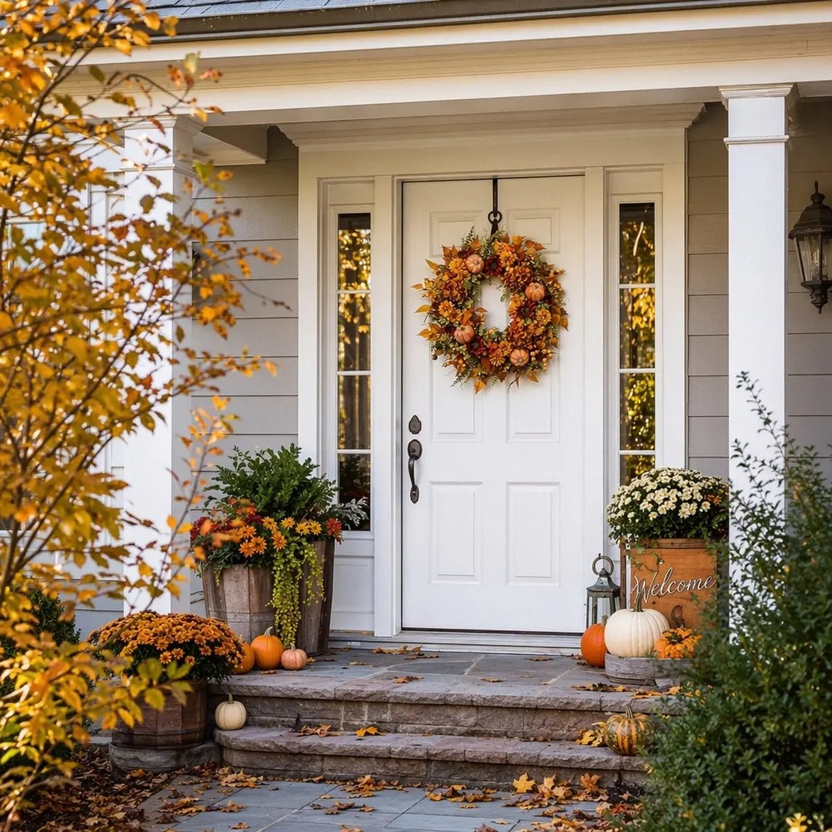 Autumn front door wreath with maple leaves and pumpkin hanging on a white front door with porch steps and fall seasonal decor