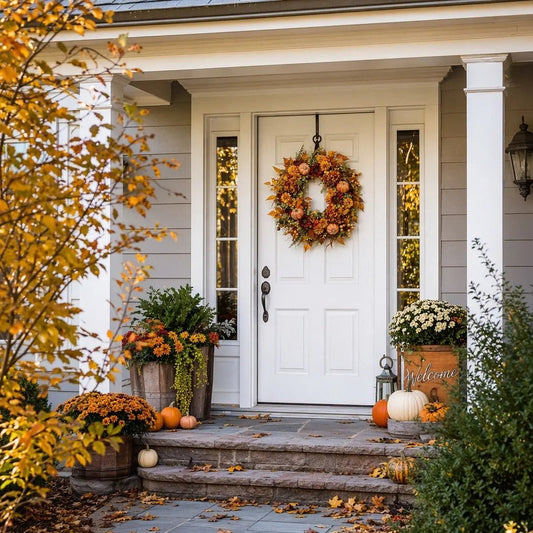 Autumn front door wreath with maple leaves and pumpkin hanging on a white front door with porch steps and fall seasonal decor