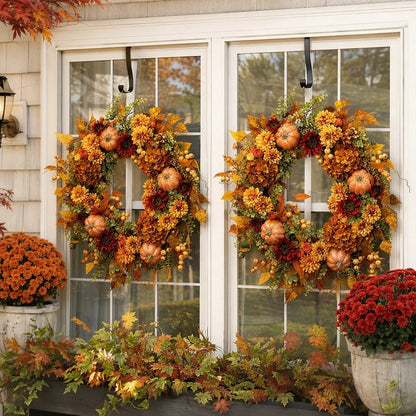 Autumn front door wreath with maple leaves, hydrangea and berry displayed on double glass doors with porch pumpkins and fall foliage