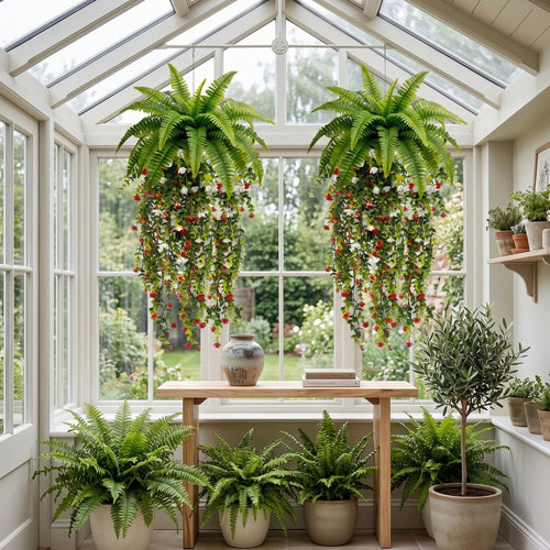 Artificial Hanging Fern Plant with Red and White Flower Vines Fake Boston Fern Wall Basket Greenery for Home Garden Patio Porch Ceiling Decor