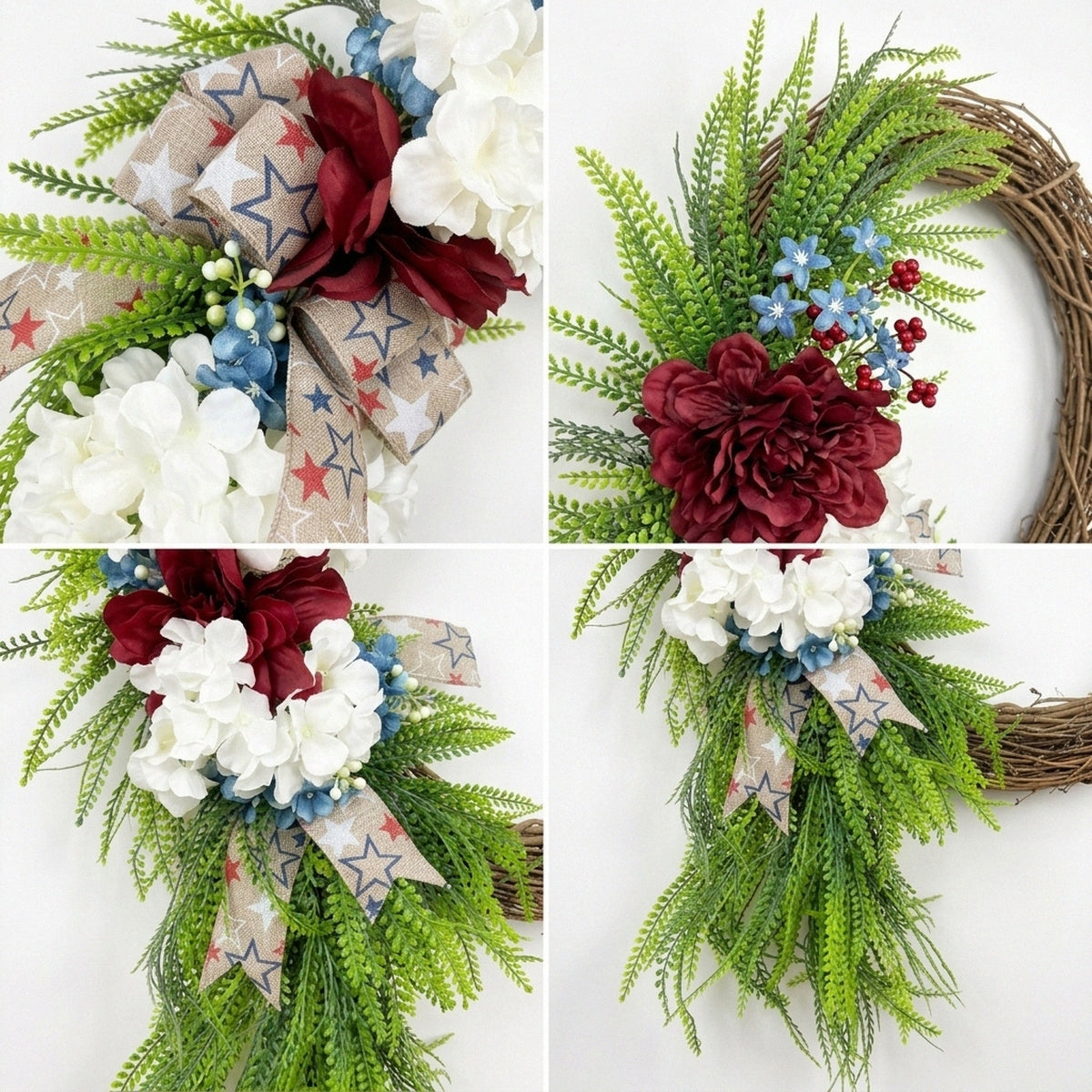 Patriotic Red White and Blue Wreath Fourth of July Front Door Decor Americana Stars Burlap Bow Summer Floral Wreath for Home Wall Party
