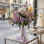 Artificial Purple Rose & Peony Bouquet | Wedding Bridal Flower Arrangement with Chiffon Ribbon for Ceremony Bridal Shower & Home Decor
