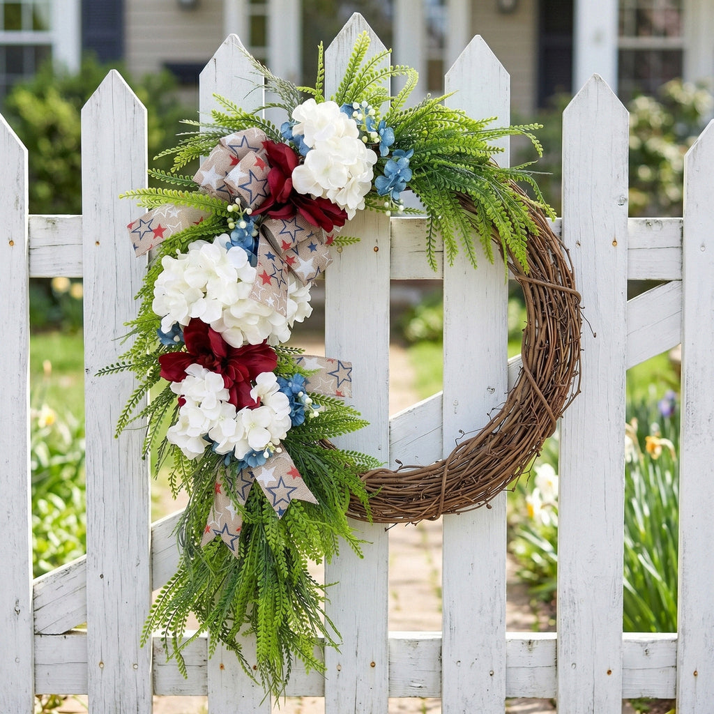 Patriotic Red White and Blue Wreath Fourth of July Front Door Decor Americana Stars Burlap Bow Summer Floral Wreath for Home Wall Party