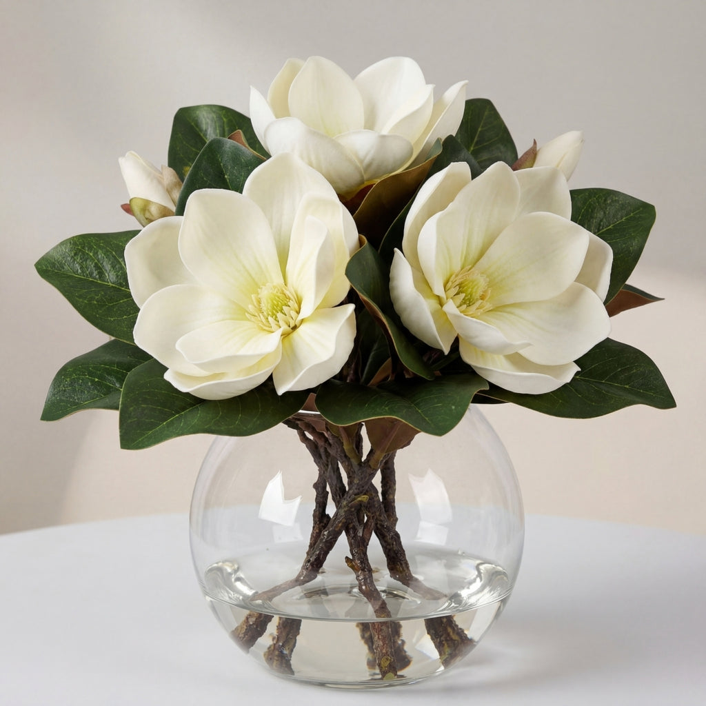 White artificial magnolia flowers in glass vase with faux water for home bathroom office decor