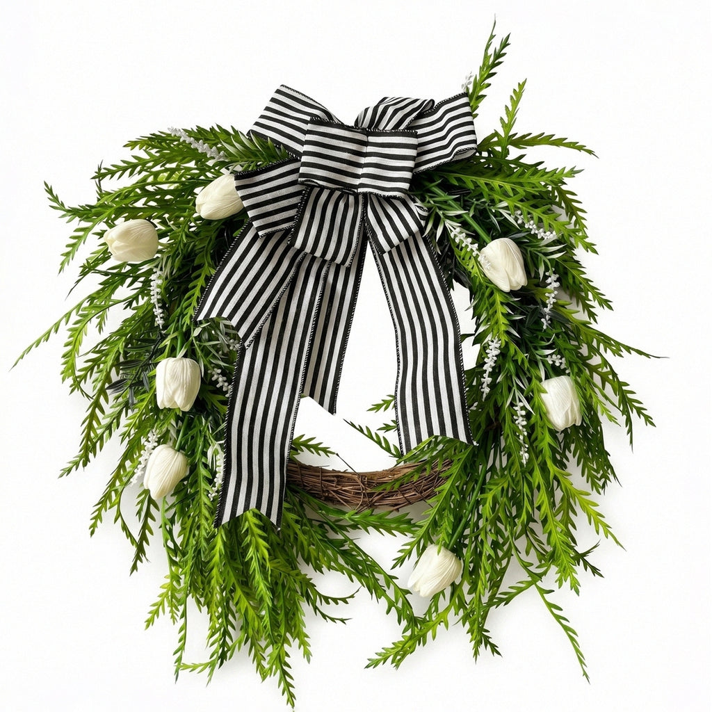 Modern front door wreath with white tulips black and white striped bow and green foliage for spring summer farmhouse home porch and wall decor