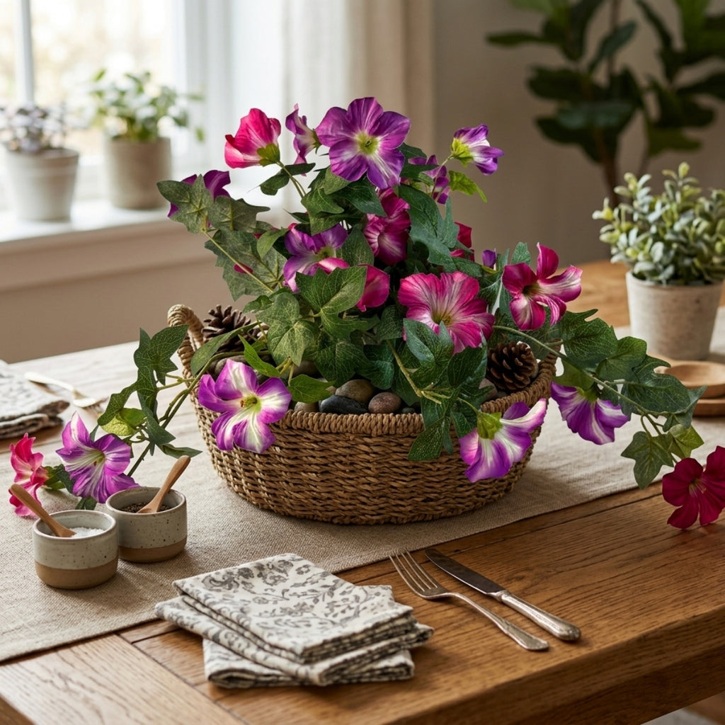 Artificial Hanging Flowers Plants with Basket for Outdoors, Artificial Petunias UV Resistant Petunias Fake Flowers for Outdoor Garden Porch Balcony Decoration