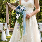 Side view of cascading blue rose bridal bouquet for waterfall shape by IPOPU