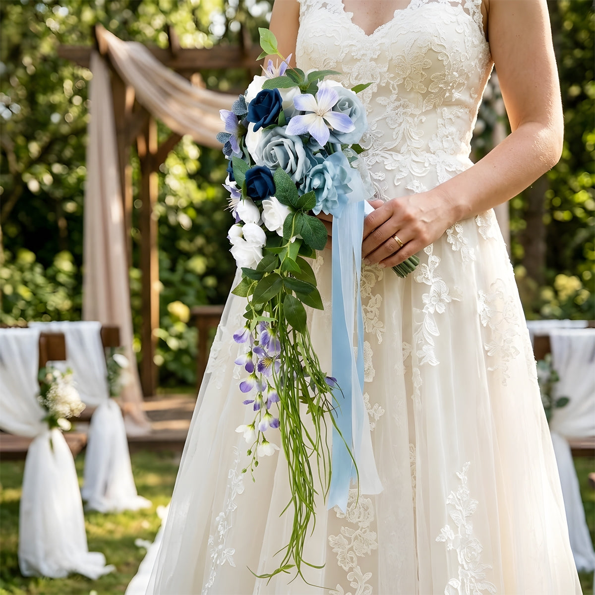 Cascading blue rose waterfall bridal bouquet with satin ribbon handle for French vintage wedding