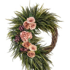Asymmetric pink rose and fern boho wreath for front door porch and home wall hanging spring summer decor