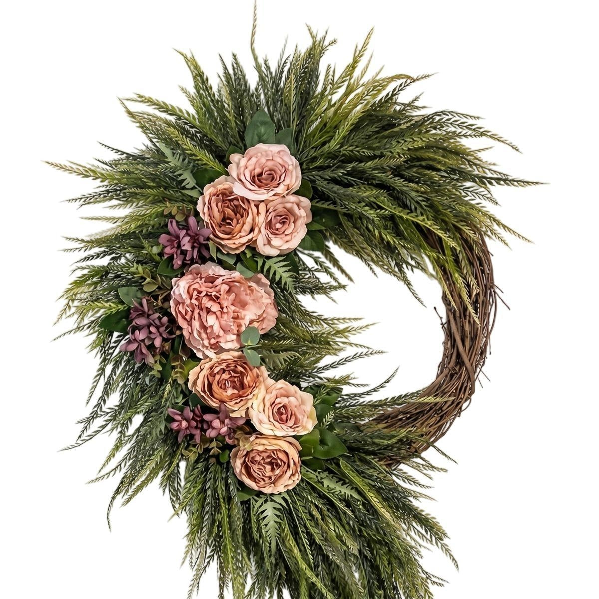 Asymmetric pink rose and fern boho wreath for front door porch and home wall hanging spring summer decor