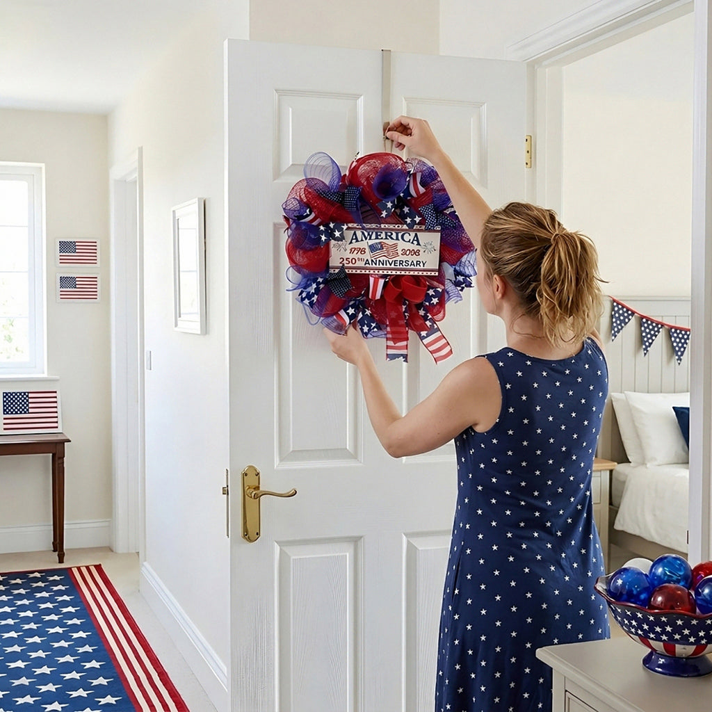 4th of july patriotic flag wreath arranged for front door window by IPOPU
