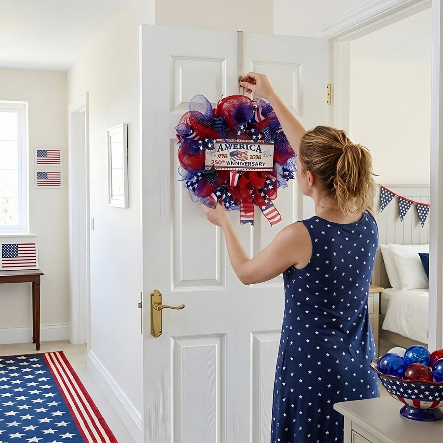 4th of july patriotic flag wreath arranged for front door window by IPOPU