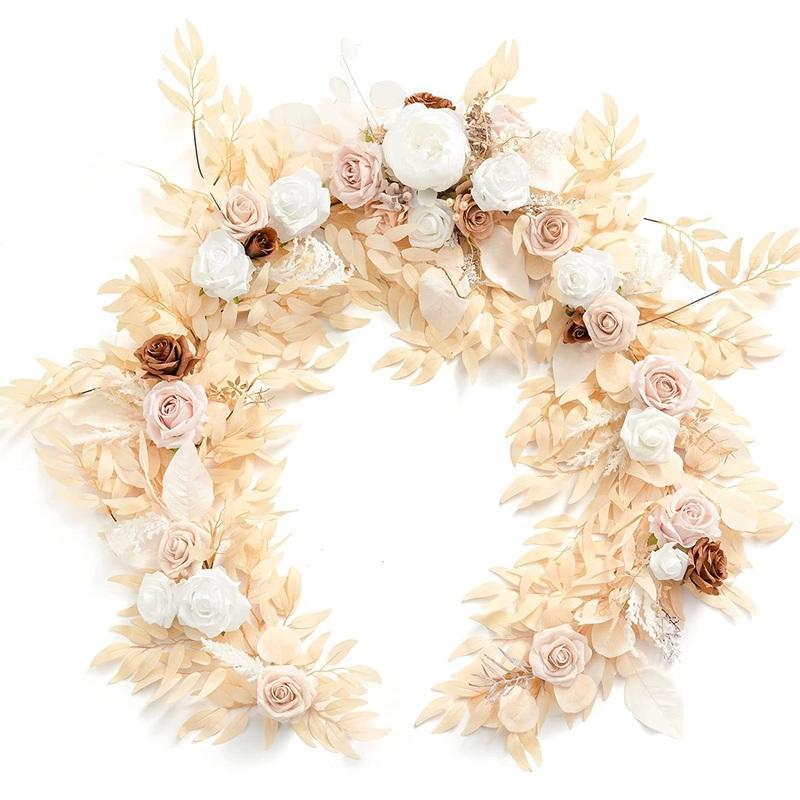 Beige 6ft eucalyptus garland with white flowers for wedding backdrop and party