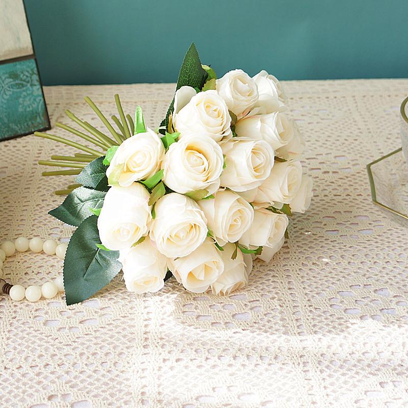 Beige 18 heads silk rose artificial flowers long stem for wedding bouquet centerpiece decor