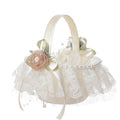Beige satin wedding flower girl basket with pearl handle for wedding ceremony and bridal decor
