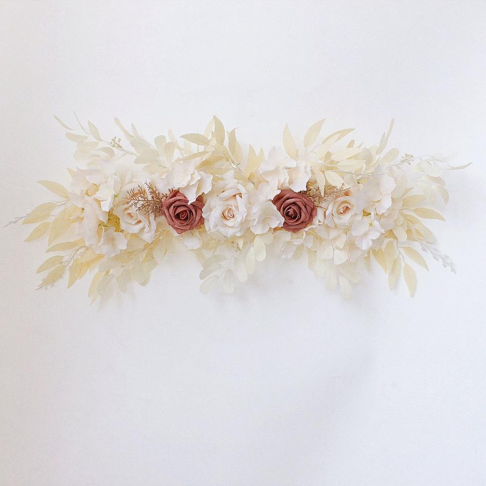Beige artificial wedding arch flowers with greenery for ceremony decor