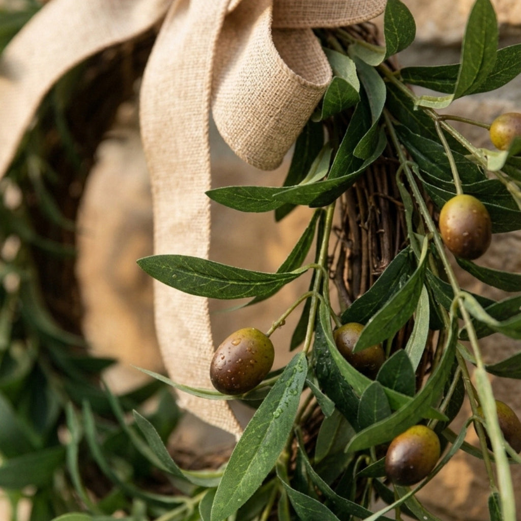 Olive Wreath, 15.7" Artificial Olive Floral Teardrop Faux Green Olive Garland Fake Olive Easter Holiday with Bow Realistic Olive Home Wedding Arch Party Home Wall Garden Decorations