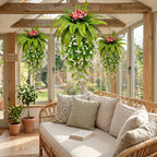 Artificial Hanging Fern Plant with Pink Flowers and Cascading White Vines Fake Boston Fern Wall Basket Greenery for Home Garden Patio Porch Ceiling Decor