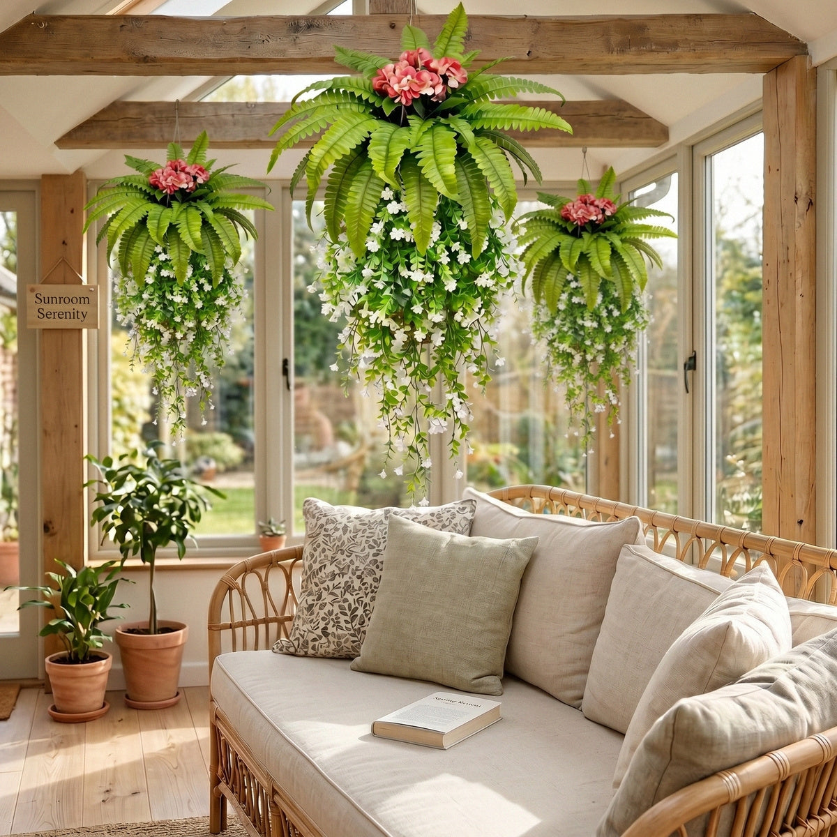 Artificial Hanging Fern Plant with Pink Flowers and Cascading White Vines Fake Boston Fern Wall Basket Greenery for Home Garden Patio Porch Ceiling Decor