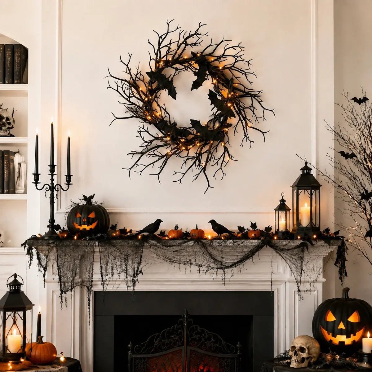 Gothic black bat wreath styled on window frame with Halloween seasonal decor and candles
