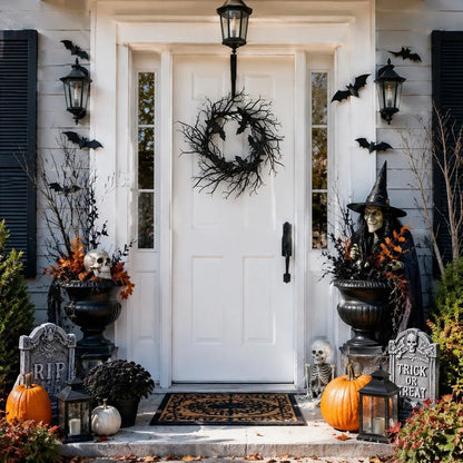 Spooky black twig bat wreath on dark front door with Halloween porch decorations and jack-o-lanterns
