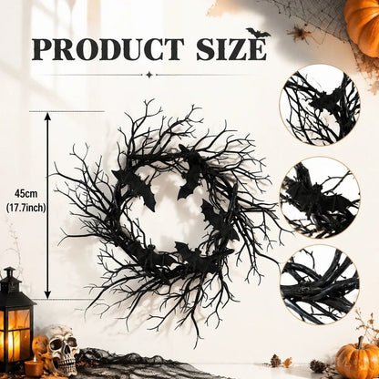 Product size chart showing 18 inch black bat Halloween twig wreath diameter with bat accent details