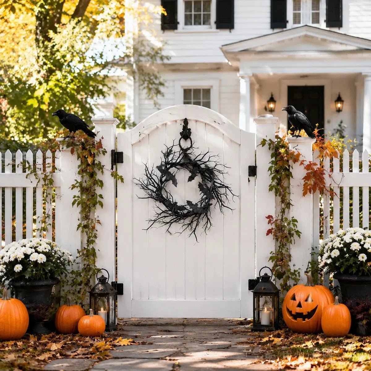 Black bat Halloween wreath hanging on white front door with pumpkins and lanterns for entryway decor
