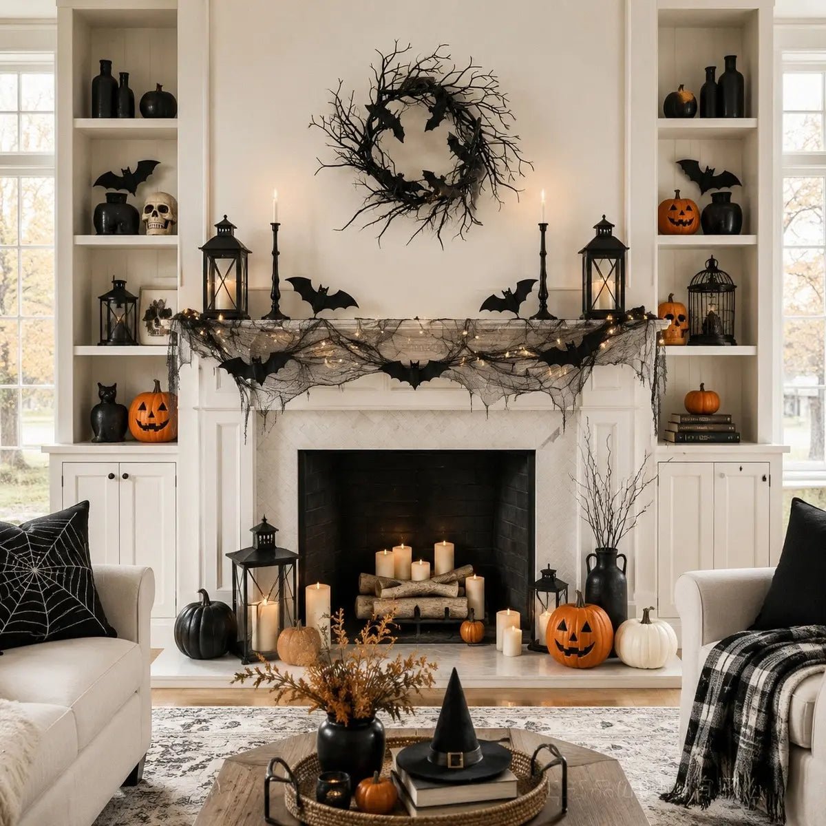 18in black bat twig wreath displayed on wall above fireplace with Halloween candles and gothic home decor
