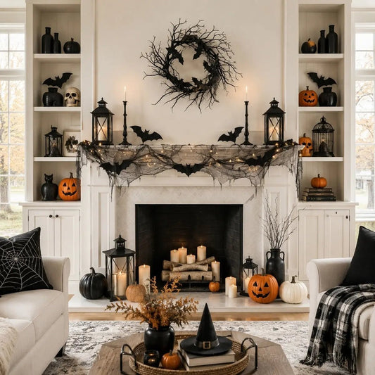 18in black bat twig wreath displayed on wall above fireplace with Halloween candles and gothic home decor

