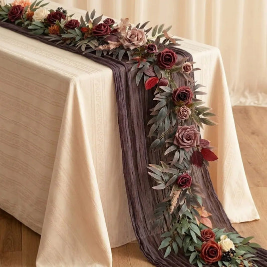 70 Inch Black Maroon Eucalyptus Rose Garland Styled as Gothic Wedding Sweetheart Table Runner

