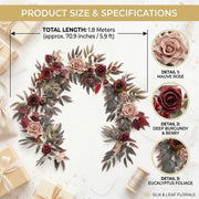 Gothic Black & Maroon Eucalyptus Rose Garland – 5.9ft