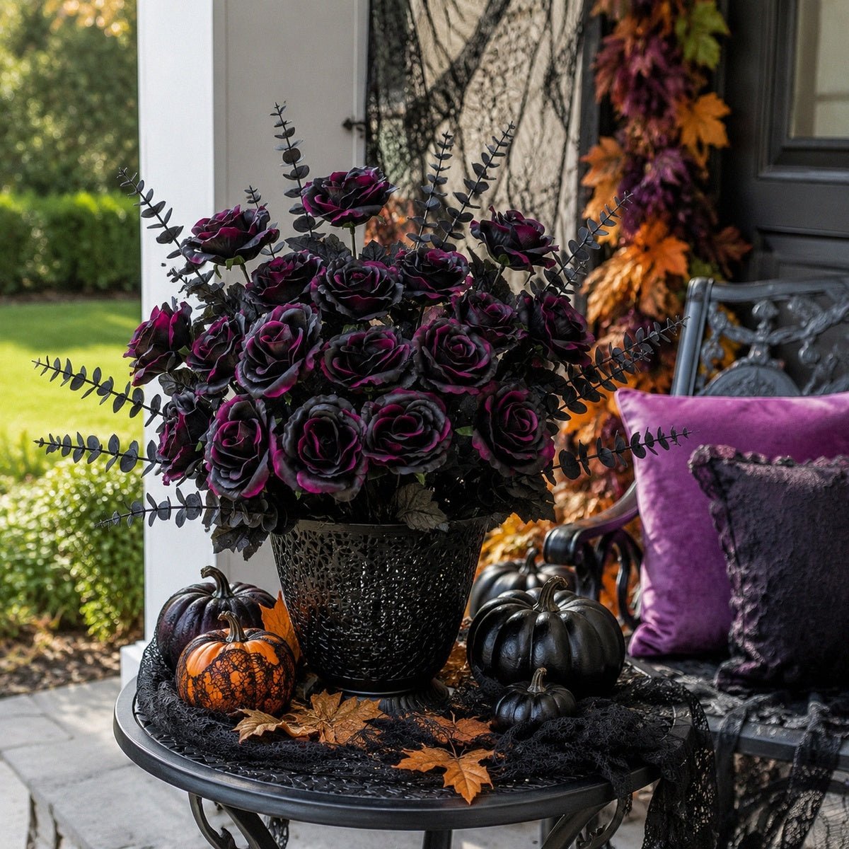 Black rose Halloween floral stems in outdoor porch planter with jack o lantern – IPOPU
