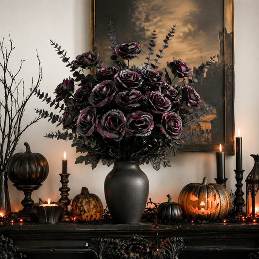 Black rose Halloween floral arrangement displayed on fireplace mantel spooky decor – IPOPU
