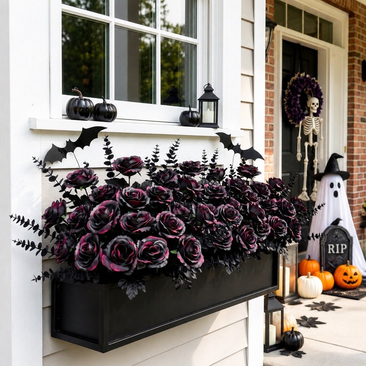 Artificial black rose Halloween arrangement in window box front porch seasonal decor – IPOPU
