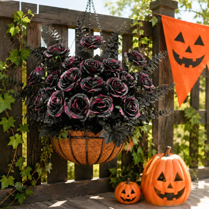 Black rose Halloween hanging floral arrangement on porch fence with pumpkins – IPOPU
