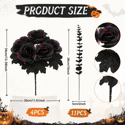 Black rose Halloween floral arrangement product size chart stem count dimensions reference – IPOPU
