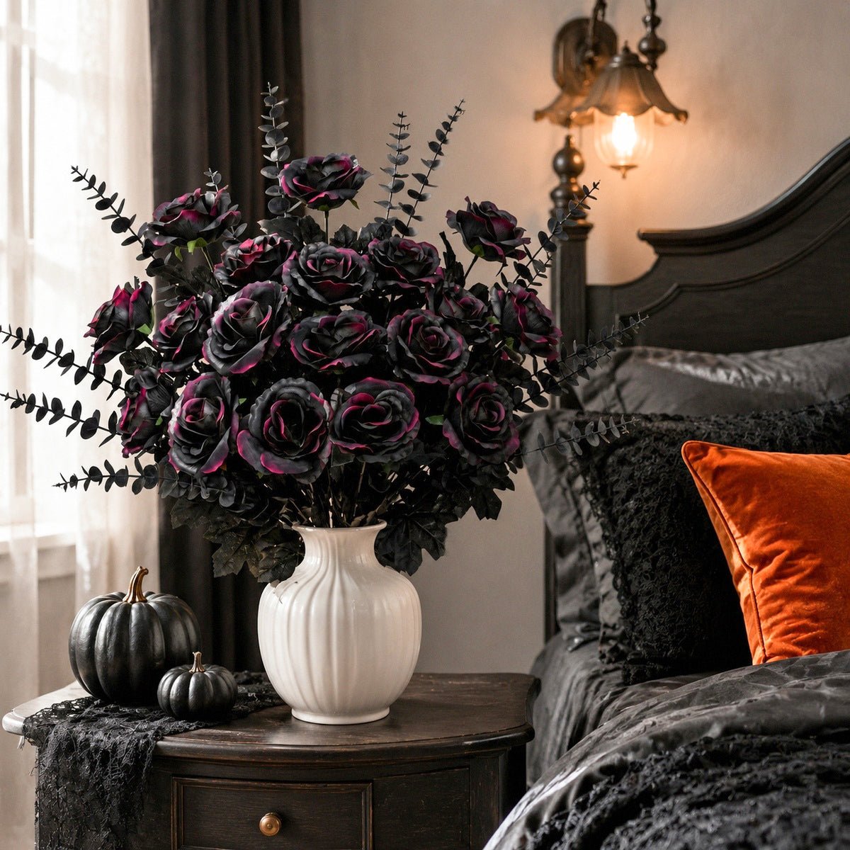 Gothic black rose arrangement in white vase Halloween tabletop centerpiece – IPOPU
