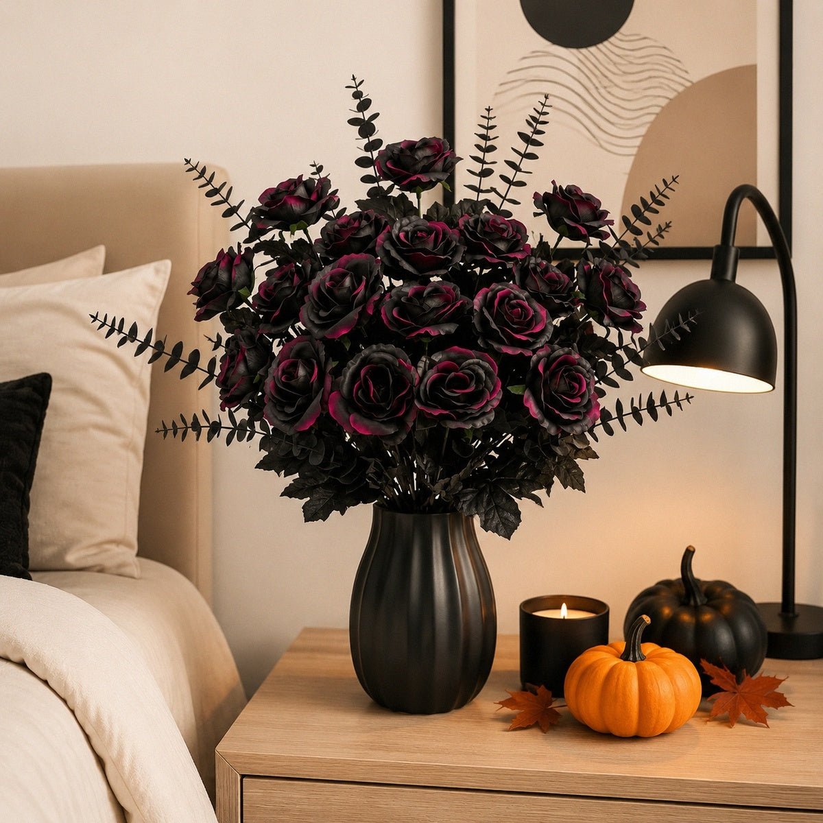 Artificial black rose Halloween floral arrangement on bedroom nightstand autumn decor – IPOPU
