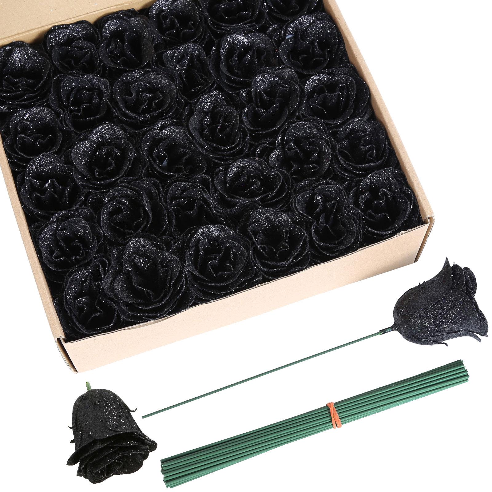 Black glitter roses bouquet 30pcs with stems for wedding party Christmas home decor