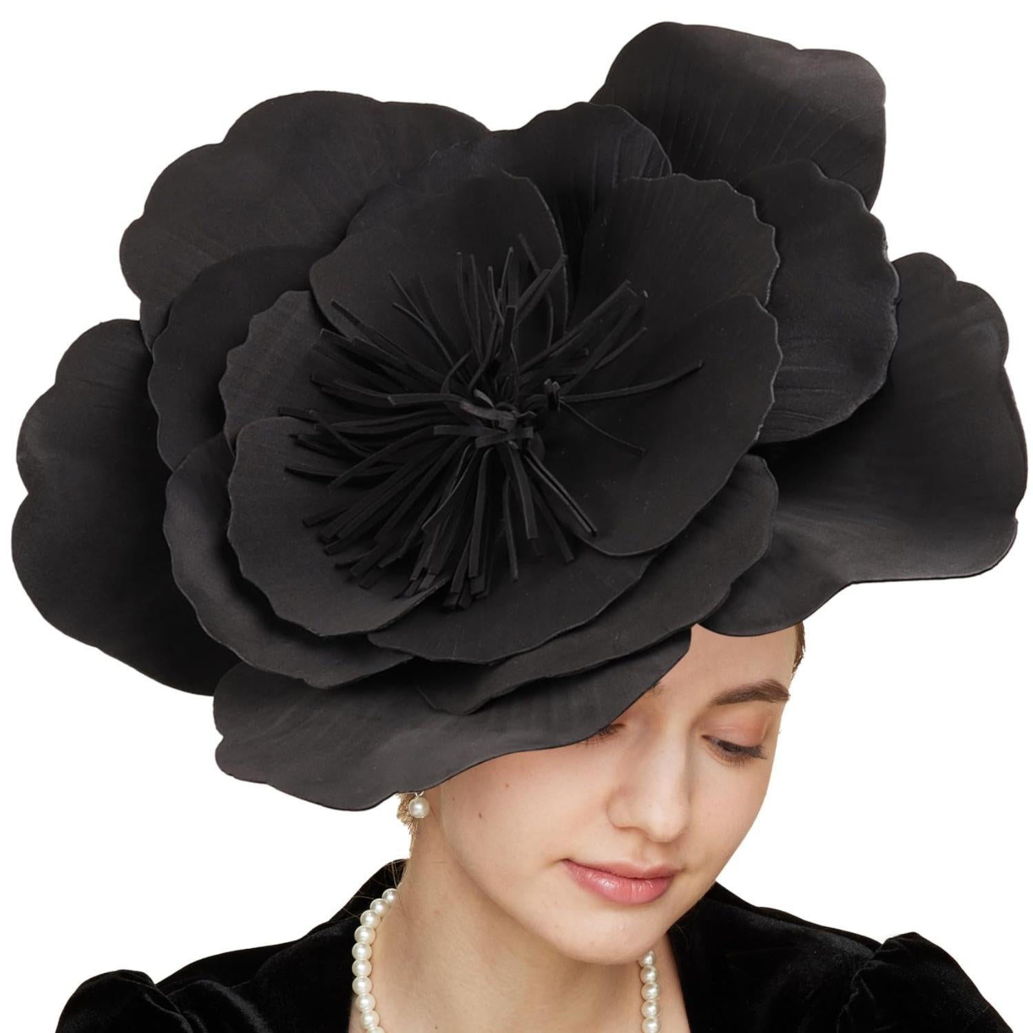 Black large flower fascinator hat for cocktail party Derby and wedding events
