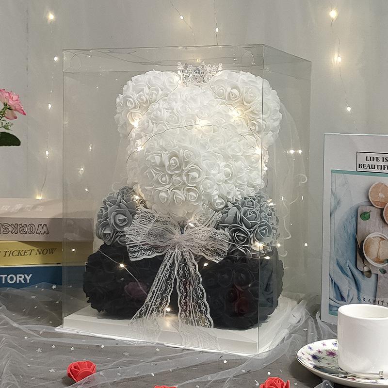 15.74 inch LED Teddy Rose Bear With Crown&Wedding Dress Artificial Flower Rose Bear Gift Box For Girls' Birthday Valentine's Day Mother's Day Gift
