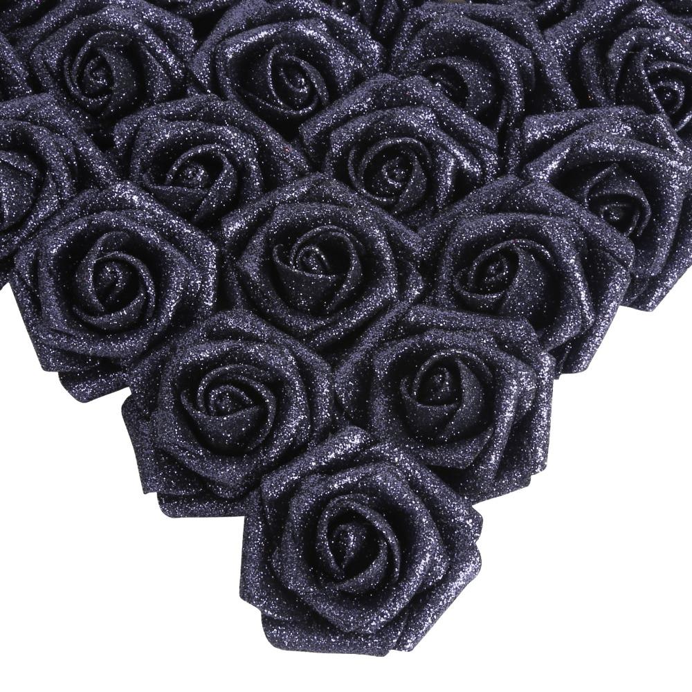 Black glitter artificial roses 25pcs with stem for wedding bridal bouquet party decor