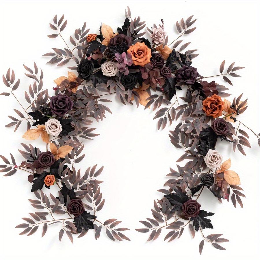 Black Halloween artificial rose eucalyptus willow leaf garland rustic floral table runner decor