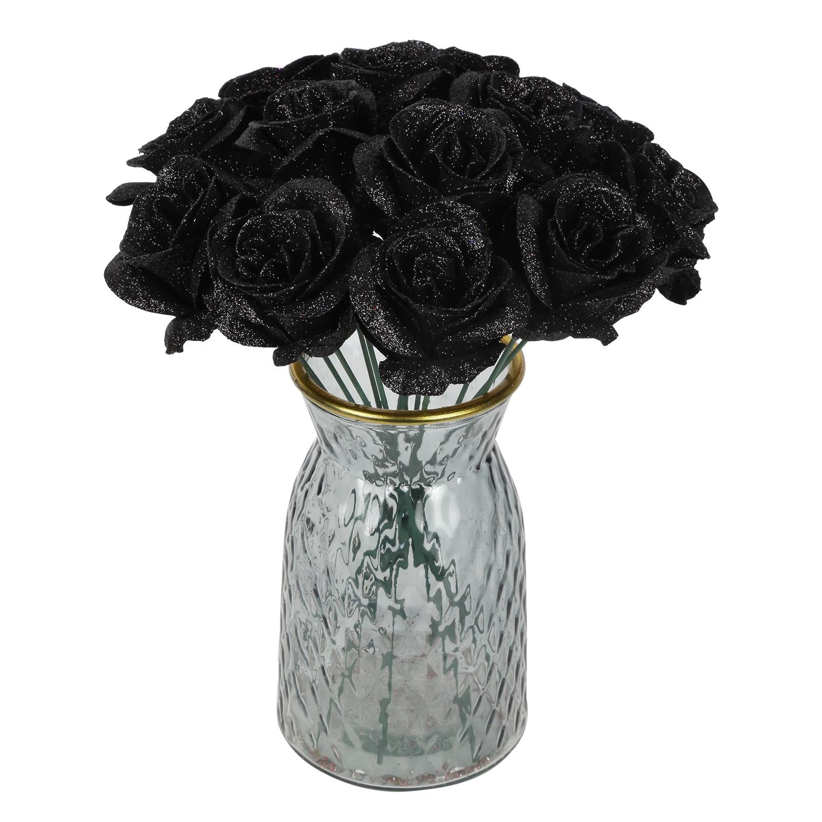 Black glitter rose bouquet 30pcs with stems for wedding party DIY crafts home decor