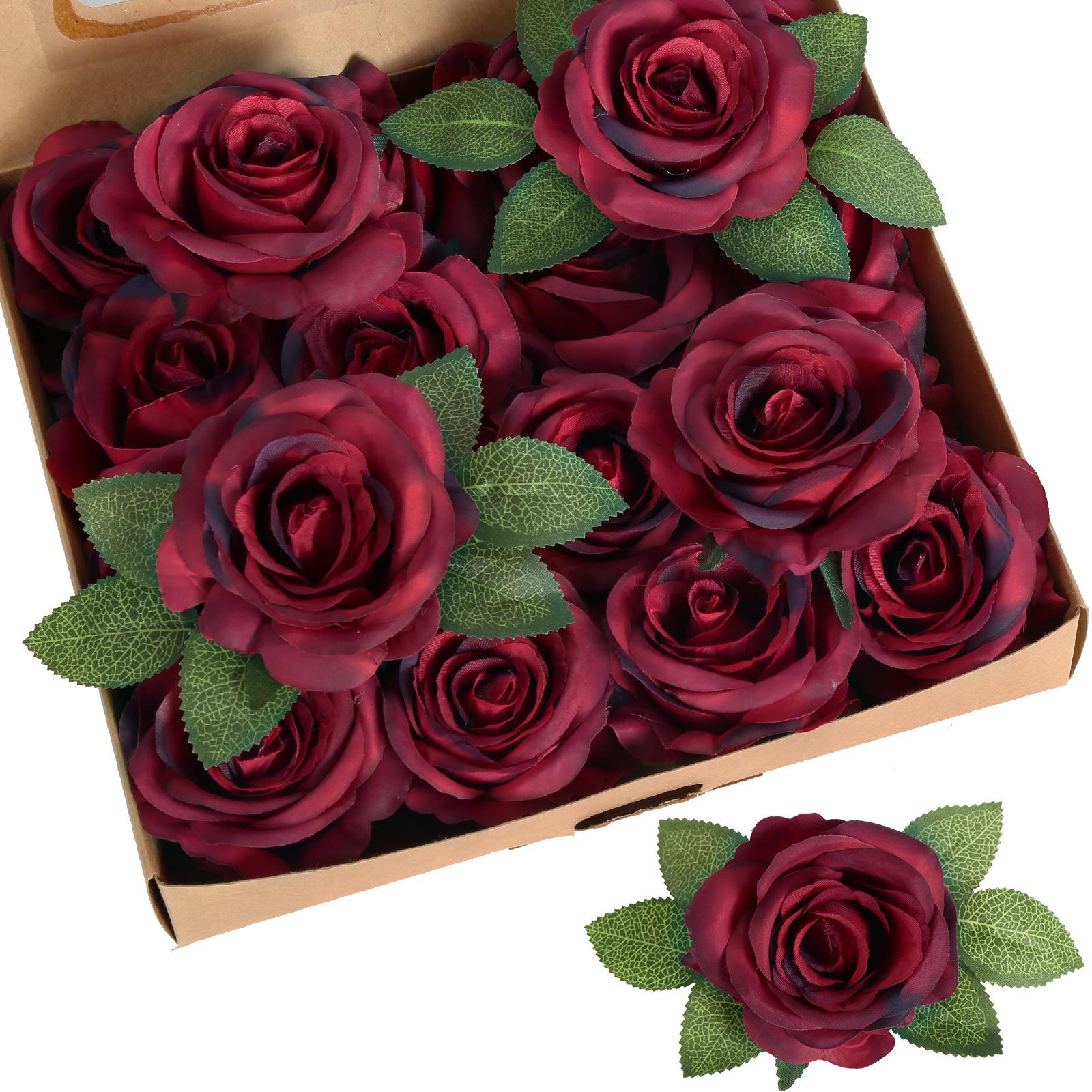 Black red artificial rose leaves 20pcs with stems for DIY wedding bouquet wreath garland decor